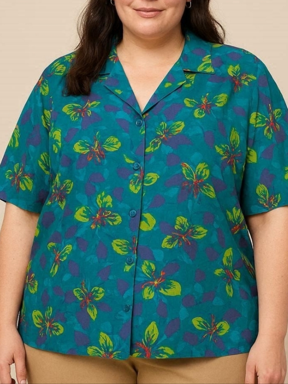 Elisabeth Liz Claiborne Silk Green Blue Tropical Print Button Down Blouse - 18